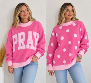    Pink reversible PRAY sweatshirt with polka dot reverse side