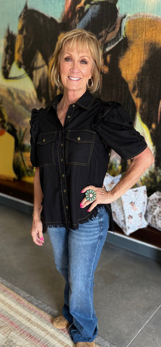 Black Ruffle Sleeve Button-Up Top