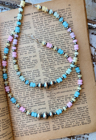Cotton Candy necklace featuring pastel blue, pink, and yellow glass beads with sterling silver beads and three larger sterling silver pearls at the center.