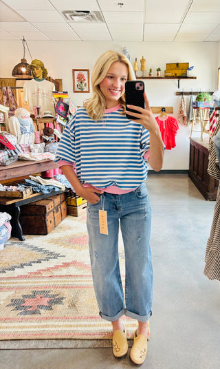 Blue Stripe Puff Sleeve Top