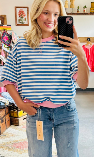 Blue Stripe Puff Sleeve Top
