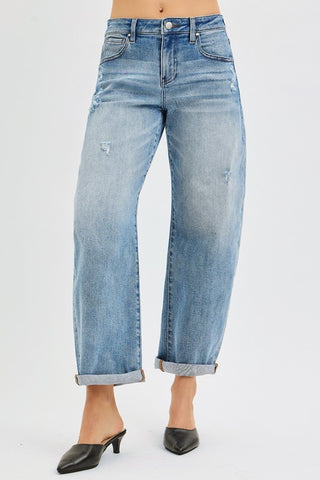 Risen High Rise Slouchy Ankle Length Cuffed Barrel Jeans