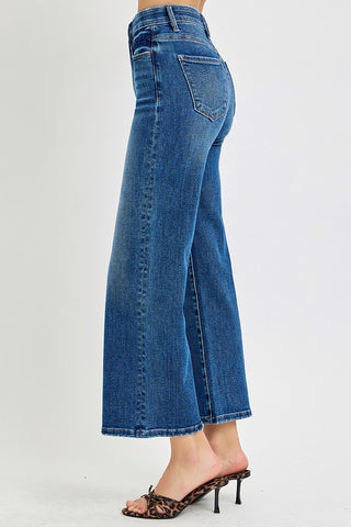 Risen High Rise Crop Wide Tummy Control Jeans for Women in Dark Wash