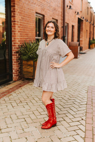 V-Neck Striped Taupe Dress