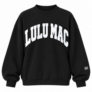 Black Lulu Mac crewneck sweatshirt with raised white puff lettering
