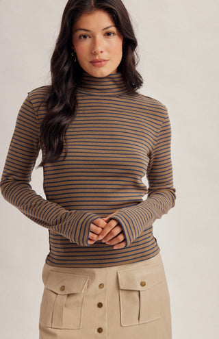 Olive and navy striped long sleeve turtleneck top with a fitted silhouette.