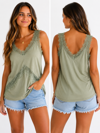 A woman modeling a sleeveless sage green tank top with lace trim, shown from both the front and back views against a plain white background.