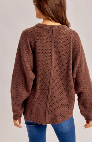 A woman wearing a brown open-knit sweater, shown from the back. The sweater features a textured, perforated pattern and ribbed cuffs and hem, paired with blue jeans against a light gray studio background.