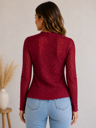 Back view of the After Hours burgundy floral lace top featuring a fitted silhouette and scalloped trim.