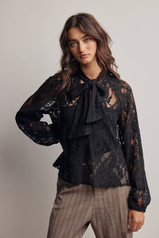 Black Dahlia soft black floral lace blouse with sheer long sleeves and tie neckline