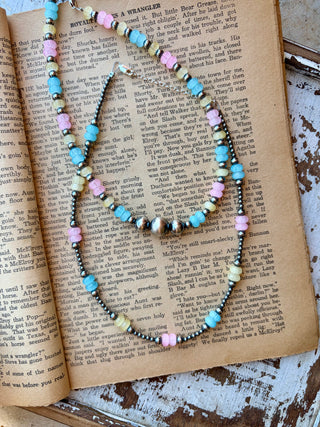 Cotton Candy necklace featuring pastel blue, pink, and yellow glass beads with sterling silver beads and three larger sterling silver pearls at the center.