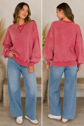 Women’s dark red vintage washed oversized crewneck sweatshirt