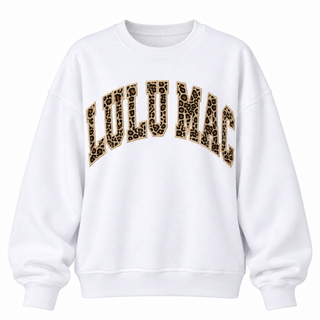 White crewneck sweatshirt with leopard print LULU MAC lettering across the front