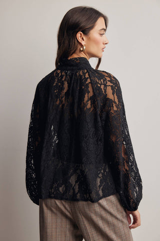 Woman wearing a black lace blouse against a plain background