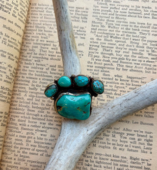 Turquoise ring featuring a large rectangular turquoise stone surrounded by four smaller turquoise stones with detailed Western-style metalwork.