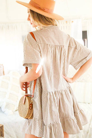 V-Neck Striped Taupe Dress