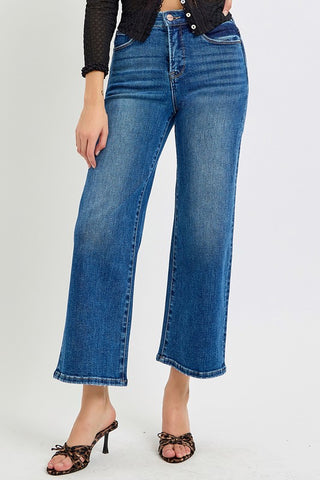 Risen High Rise Crop Wide Tummy Control Jeans for Women in Dark Wash