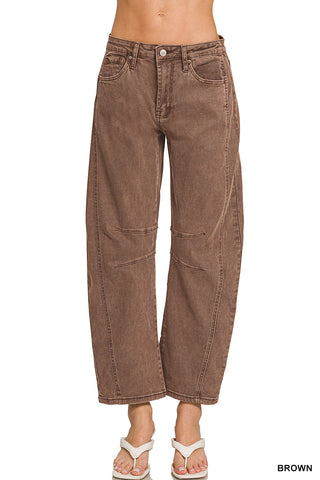 Zenana Brown Vintage Washed Barrel Jeans