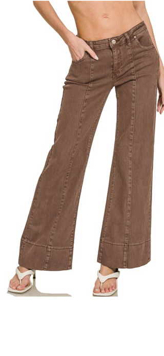 Brown mid rise wide leg jeans with front seam detailing and wide hem