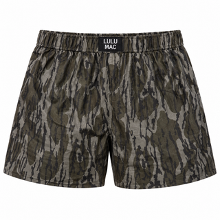 Lulu Mac Mossy Oak Bottomland camouflage boxer shorts with an elastic waistband and black Lulu Mac label on a white background.