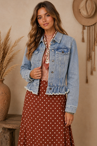 Woman wearing a light-wash denim jacket with a raw-edge ruffle hem styled with a rust polka dot maxi skirt.