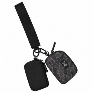 Lulu Mac black and gray camo wristlet set with two zippered pouches and black wrist strap
