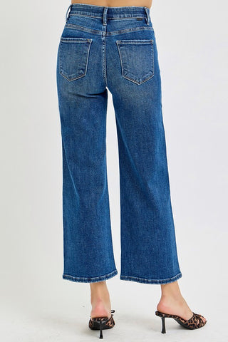 Risen High Rise Crop Wide Tummy Control Jeans for Women in Dark Wash