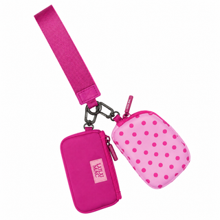 Lulu Mac pink polka dot wristlet set with two zippered pouches and coordinating pink strap