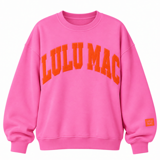 Pink Lulu Mac sweatshirt with orange lettering