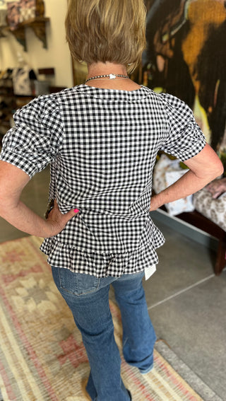 Gingham Puff Sleeves Top Black