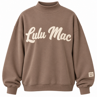 Brown Lulu Mac mock neck top with cream script lettering.