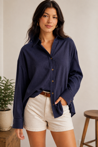 Navy pinstripe oversized button-up shirt with long sleeves, classic collar, and relaxed fit.