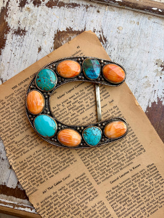 Western alloy belt buckle featuring authentic turquoise and orange spiny oyster stones with detailed silver-tone accents