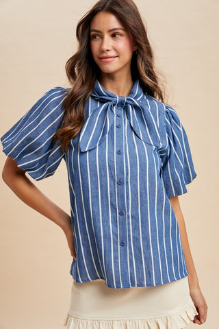 Stripe Denim Top With Bow Detail