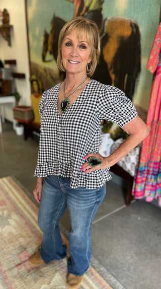 Gingham Puff Sleeves Top Black
