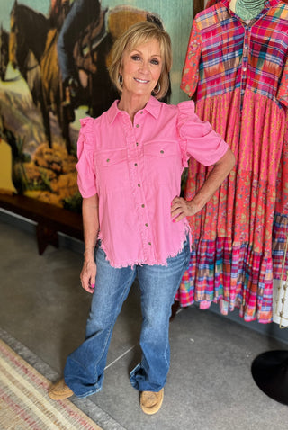 Pink Ruffle Sleeve Button-Up Top