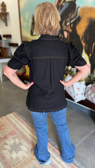 Black Ruffle Sleeve Button-Up Top