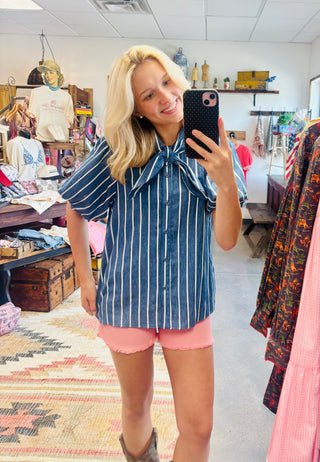 Stripe Denim Top With Bow Detail