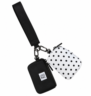Lulu Mac black and white polka dot wristlet set with two zippered pouches and black strap