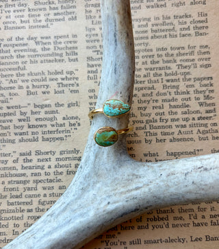 Adjustable gold-plated sterling silver wrap ring with teardrop and rounded Kingman turquoise stones, displayed on an antler.