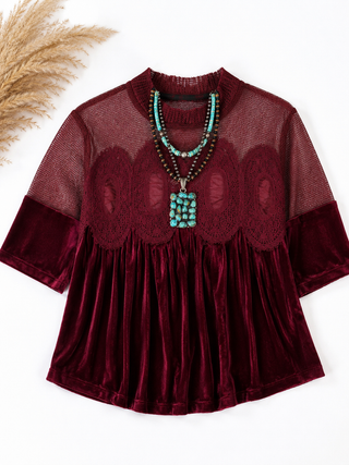 Burgundy velvet and lace babydoll top with sheer mesh detailing