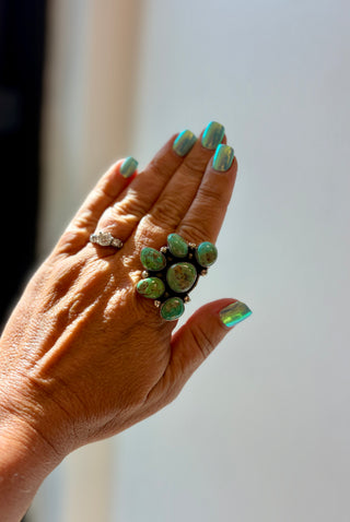 Handcrafted adjustable genuine turquoise cluster ring with natural turquoise stones on an antique silver alloy band.