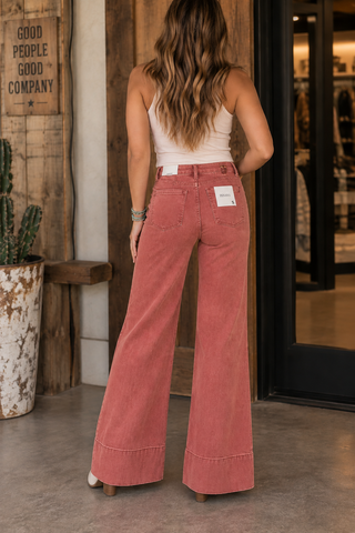 Cabernet Crush mid-rise wide leg jeans with front seam detailing and wide hem