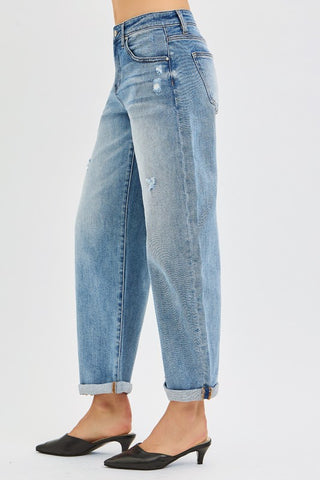 Risen High Rise Slouchy Ankle Length Cuffed Barrel Jeans
