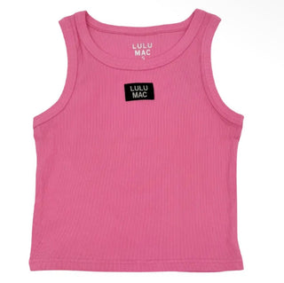 Pink Lulu Mac ribbed cropped tank top with scoop neckline and logo patch
