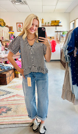 Gingham Puff Sleeves Top Black