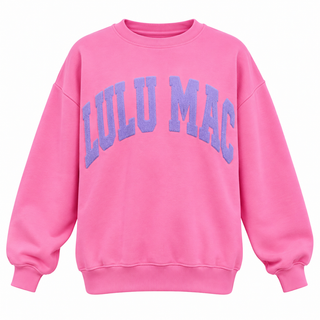 Pink Lulu Mac crewneck sweatshirt with raised purple puff lettering