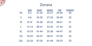 Zenana clothing size chart for XS through 2XL, showing numeric sizes and bust, waist, hip, and inseam measurements.