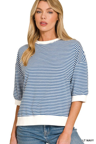 Women’s relaxed fit striped knit top with short sleeves, ribbed trim, and a crew neckline