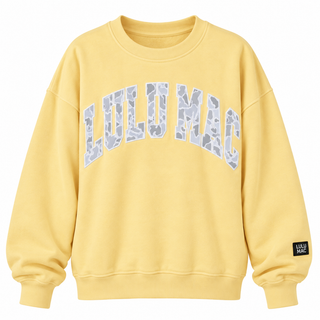 Yellow Lulu Mac sweatshirt with gray camouflage lettering